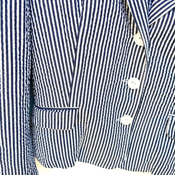 Sandro Navy Blue White Stripped Seersucker Long Sleeve Three Button Blazer - Picture 2 of 9